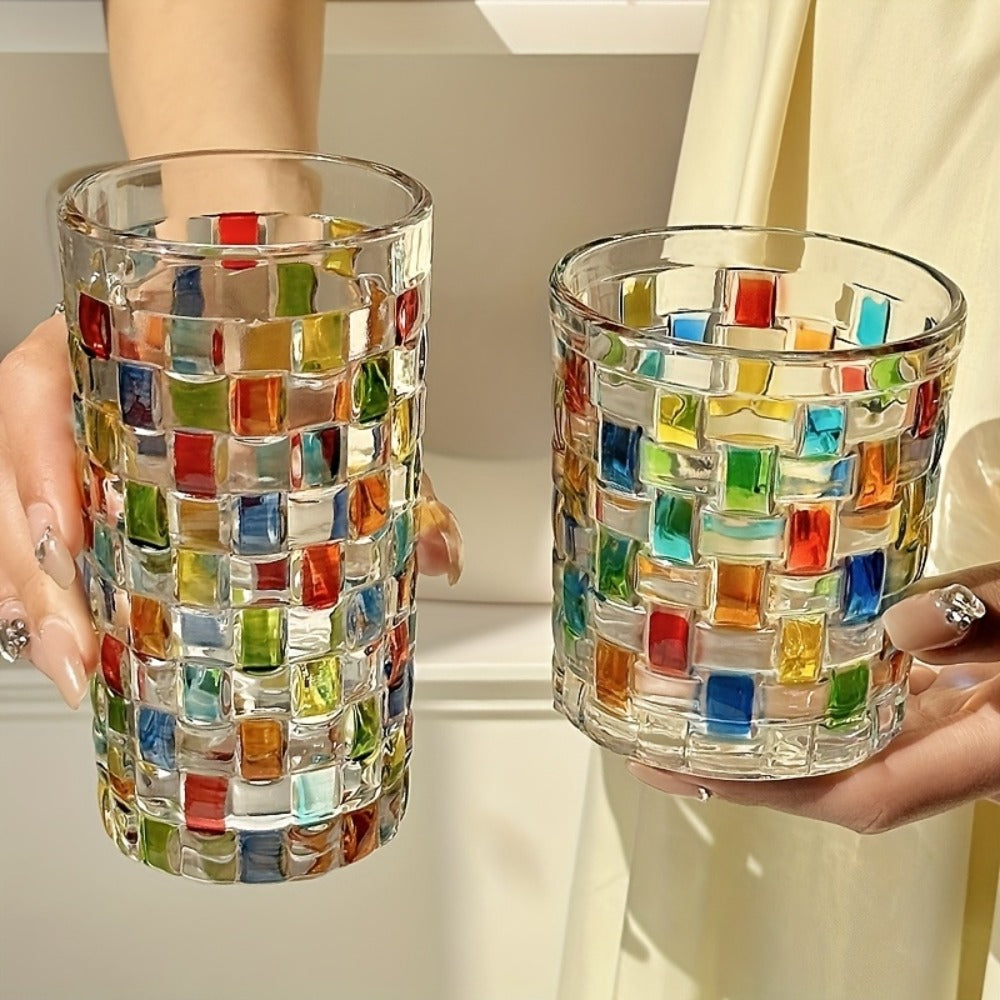 Hand-Painted Drinking Glasses Set ¨C Colorful Square Lattice Woven Handcrafted Glass for Water, Juice, Whiskey & Beer ¨C Artistic Decorative Glassware for Home Bar & Entertaining ¨C 2pc or 4pc