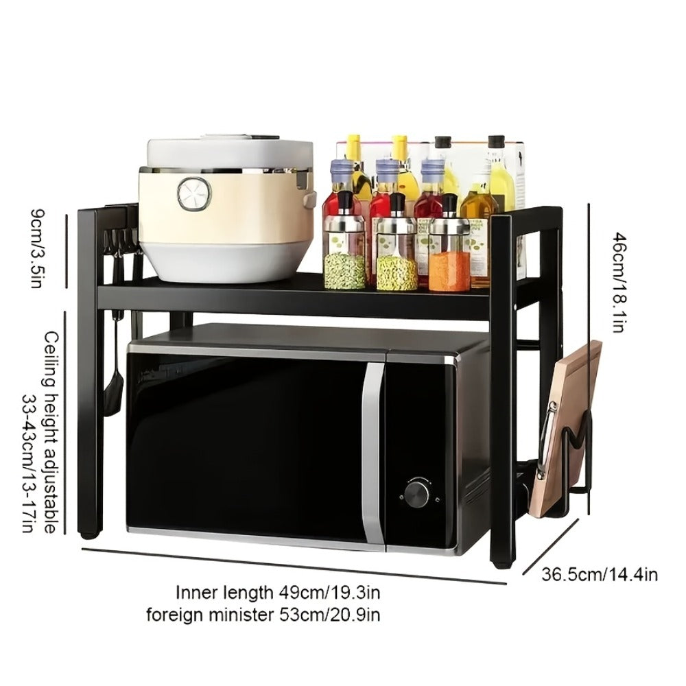 Kitchen Storage Rack Metal Extendable Shelves Microwave Stand Counter Organizer for Spices Bowls Cups Cookware Space Saving Shelf Black