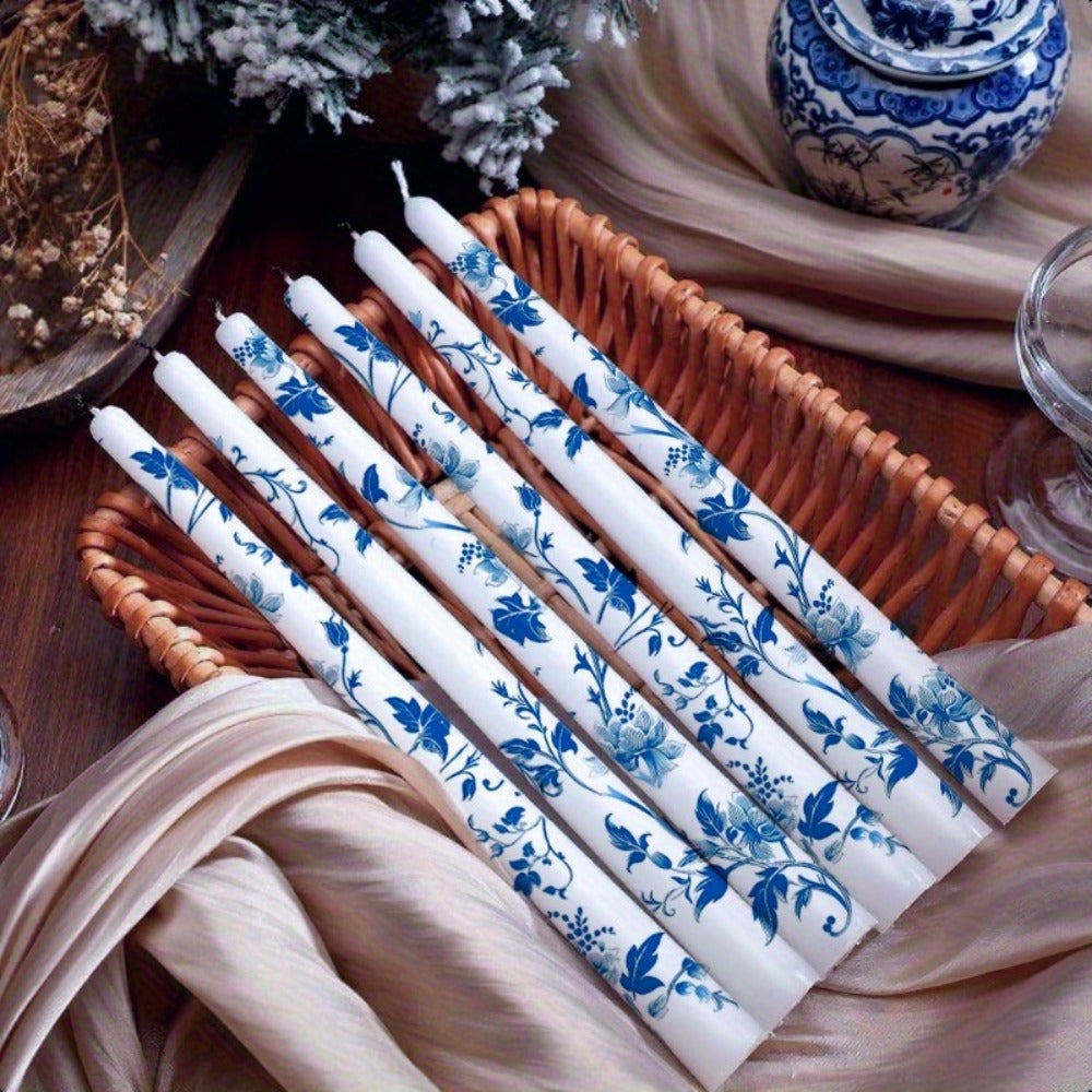 Taper Candles Blue White Porcelain 6-Pack 10 Inch | Dripless Unscented Soy Wax Chinoiserie Candlesticks 8-12 Hour Burn for Weddings Christmas Dinner Table Home Decor Centerpiece