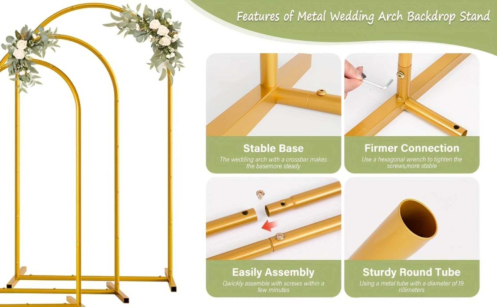 Metal Arch Backdrop Stand Set of 3 (7.2ft/6.6ft/6ft) + 7 Balloon Clips - Wedding Arch Frame for Birthday Party, Graduation, Ceremony, Thanksgiving & Halloween Decoration