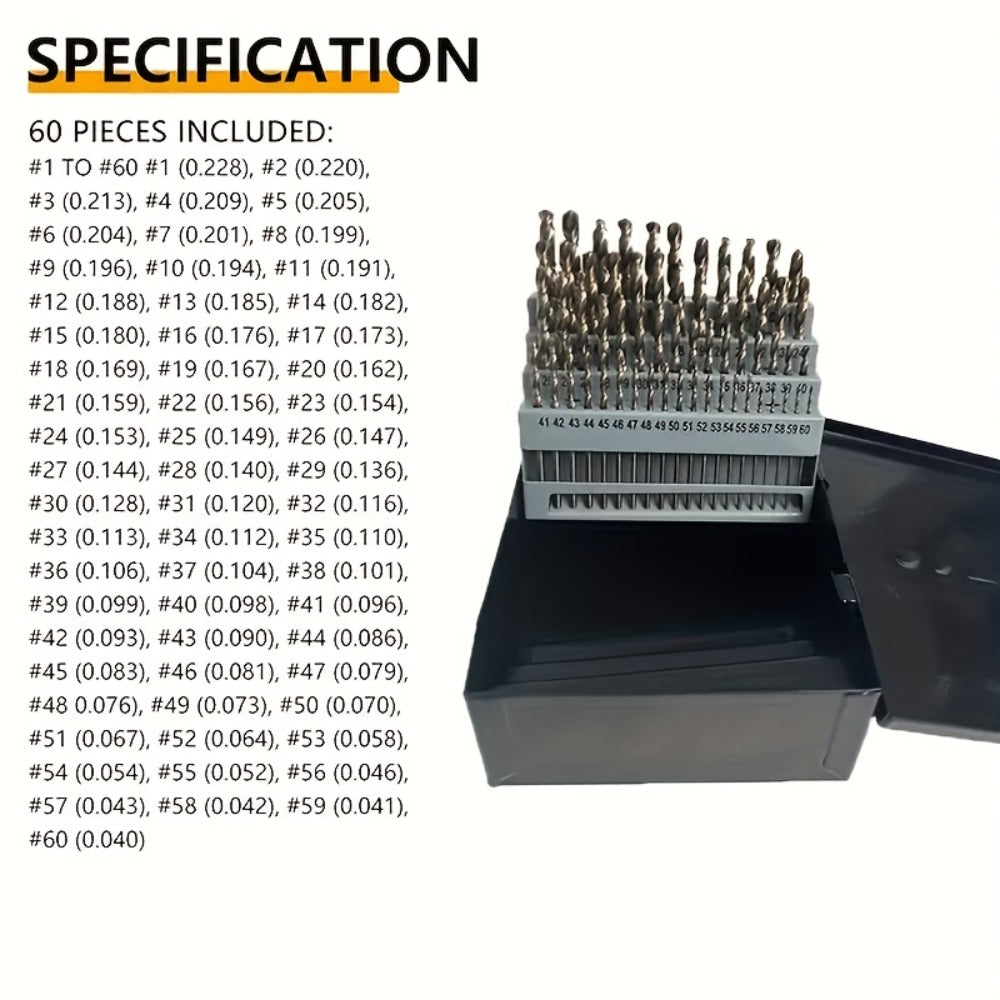 60pcs Cobalt Drill Bits Set Wire Gauge 1-60 Metal Index Box