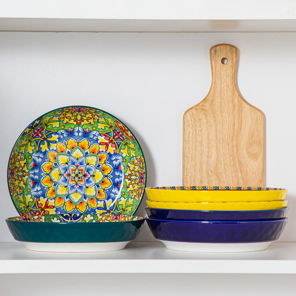 Bohemian Pasta Bowls Set of 6 | 32 Oz Porcelain, Floral Pattern, Microwave & Dishwasher Safe ¨C VANCASSO