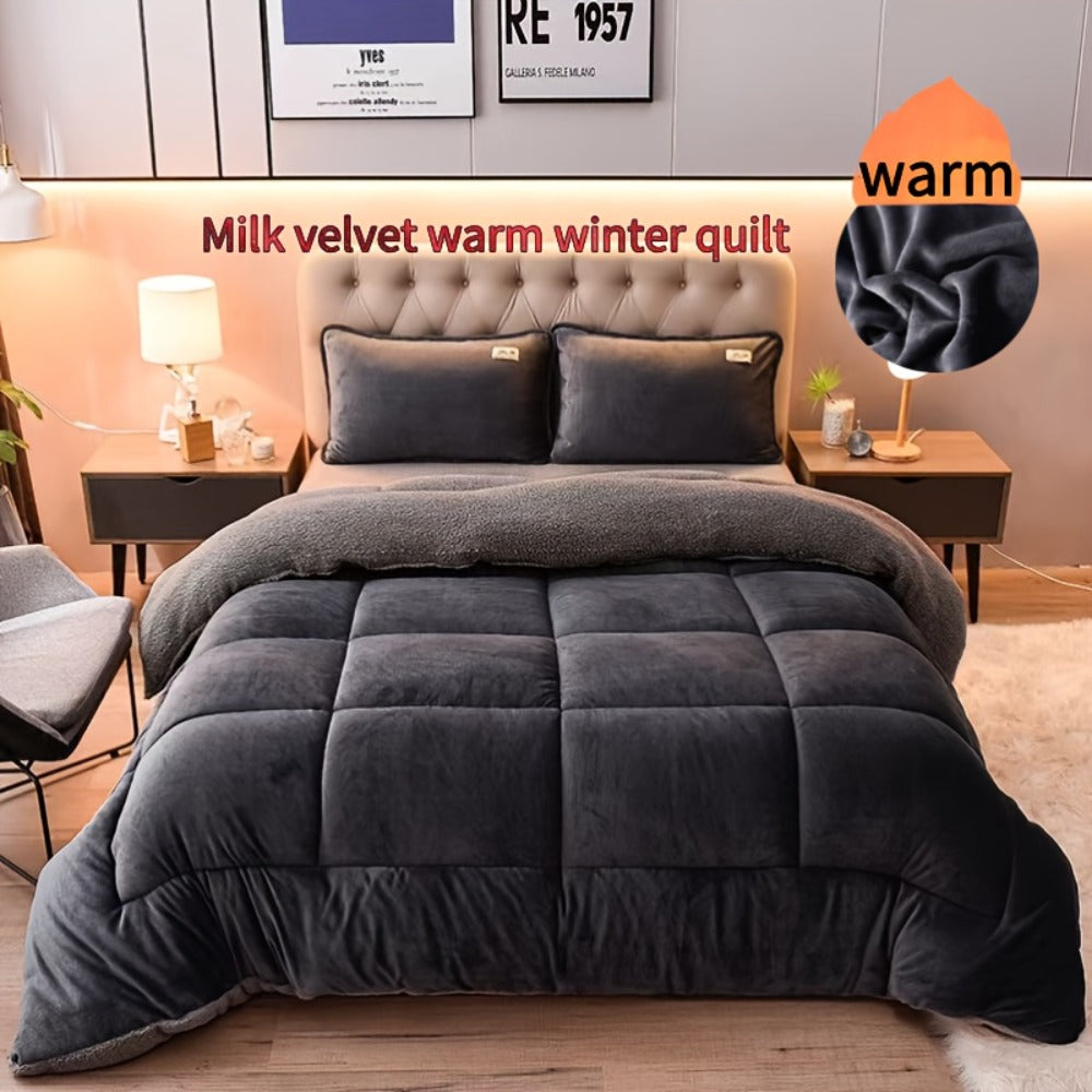 Reversible Milk Velvet Comforter Soft Quilted Blanket 100% Polyester Plush Fleece Bedding All Season Machine Washable for Home Hotel Queen King Size Light Grey Dark Gray
