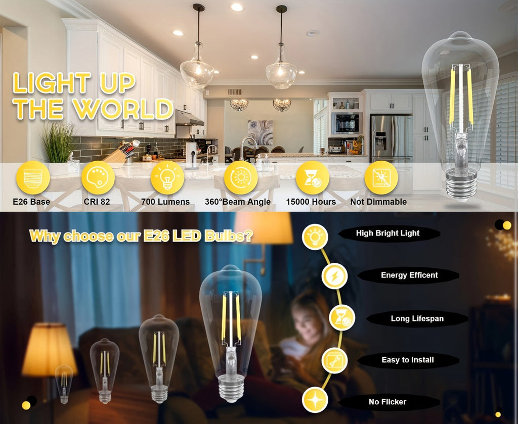 LED Edison Bulbs ST64 6 Pack 6W 60W Equivalent - E26 Vintage Filament Globe Bulb 700LM Flicker-Free Non-Dimmable, 2700K Warm White or 5000K Daylight White, 15000Hrs Lifespan for Chandelier Ceiling Fan Pendant Light Table Lamp Home Decor