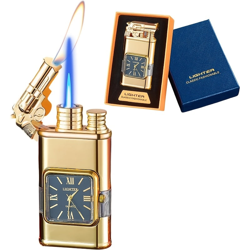 Double Flame Retro Metal Lighter Windproof Refillable Butane Outdoor Portable Quartz Ignition Dragon Eagle Gun Type Ice Golden Bronze Mahogany Creative Men Gift Box Packaging