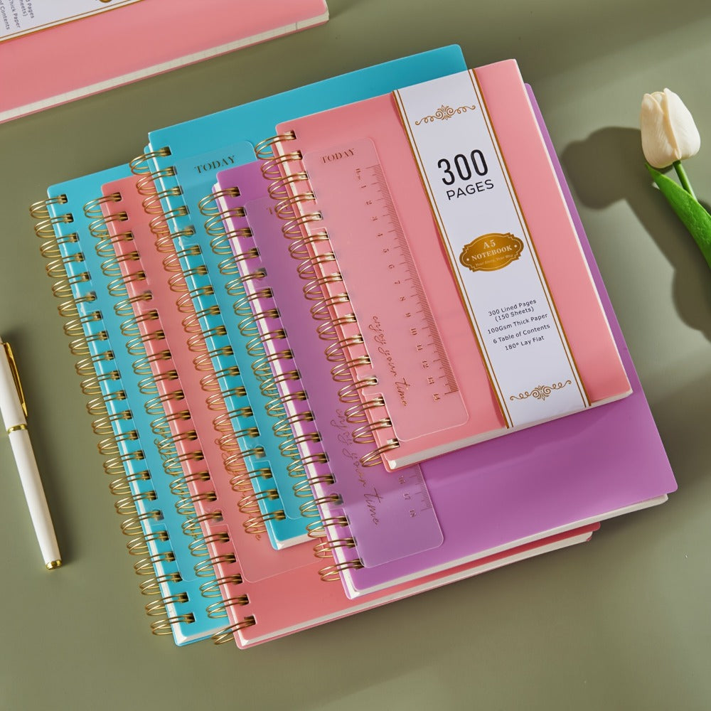 Hardcover Spiral Notebook A5 Lined Journal 300 Pages 100GSM Thick Paper PVC Waterproof Cover College Ruled Note Pad for Women Men Office School 5.7x8.4 Inch
