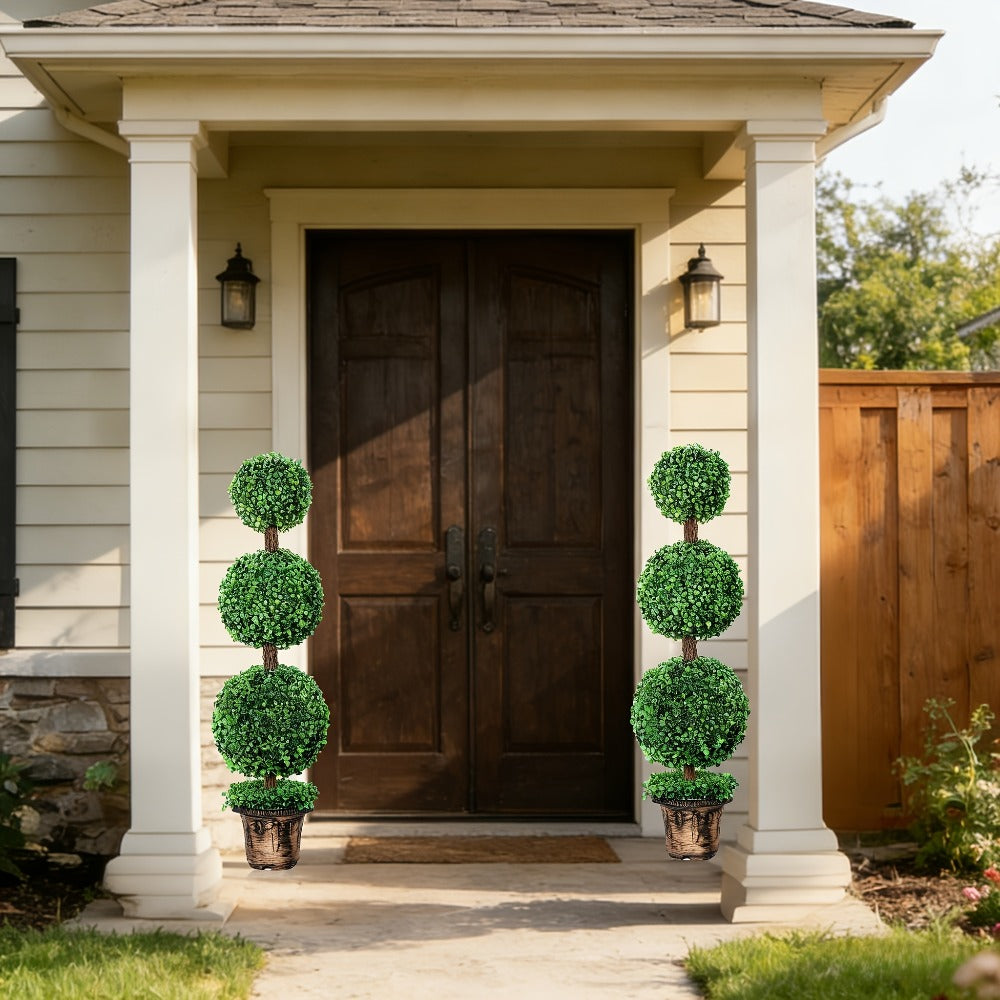 Artificial Boxwood Topiary Tree 2 Pack 3ft 4ft Faux Topiary Ball Tree Potted Plant for Front Door Porch Living Room Indoor Outdoor Decor