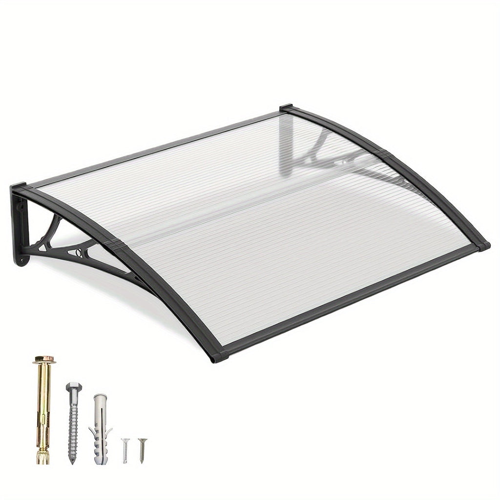 Polycarbonate Window Awning Door Canopy - UV Rain Snow Sun Protection Overhang for Doorways, Patio & Windows, Multiple Sizes, Black/Gray Bracket with Blue/Clear/Brown Board