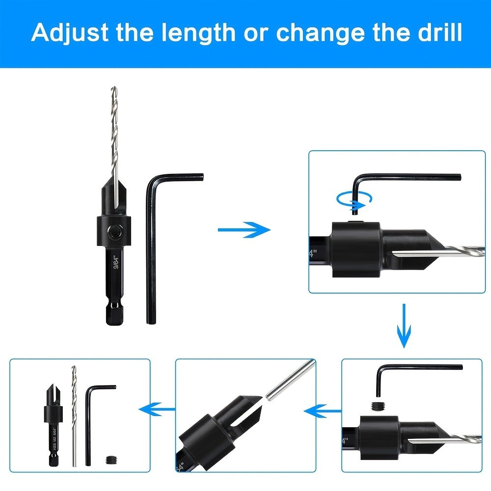 5pcs Countersink Drill Bit Set #4 #6 #8 #10 #12 Tapered with 1/4¡± Hex Shank Quick-Change ¨C Adjustable Wood Counter Sinker Bits with Allen Wrench for Woodworking