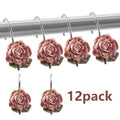 Shower Curtain Hooks Rose Resin - 12pcs Rustproof Cast Iron Floral Bathroom Hooks, Heavy Duty Metal Rings for Curtain Rod, Decorative Bath Accessories