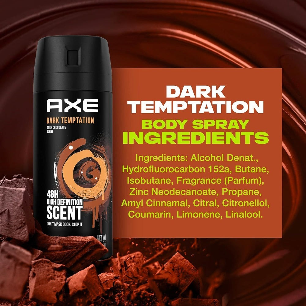 Men's Body Spray Deodorant Axe Dark Temptation, Dark Chocolate Fragrance Long-Lasting Odor Protection Aluminum-Free Body Spray for Men, 5.1oz 150ml per Bottle ¨C Available in 3 Pack & 6 Pack
