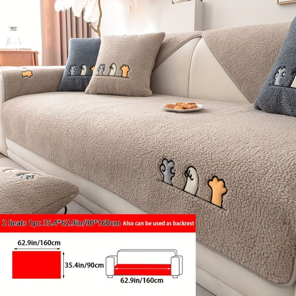 Plush Shearling Sofa Cover Non-Slip Pet-Friendly Couch Protector Animal Bone Embroidery Soft Warm for Living Room Bedroom Office 2 3 4 Seater