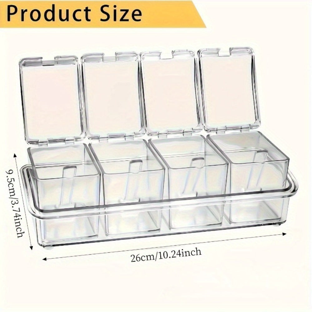 Kitchen Seasoning Storage Box Set of 4 - Transparent Multi-Grid Moisture-Proof Spice Organizer with Flip Lid, Airtight Condiment Container for Home Kitchen Apartment