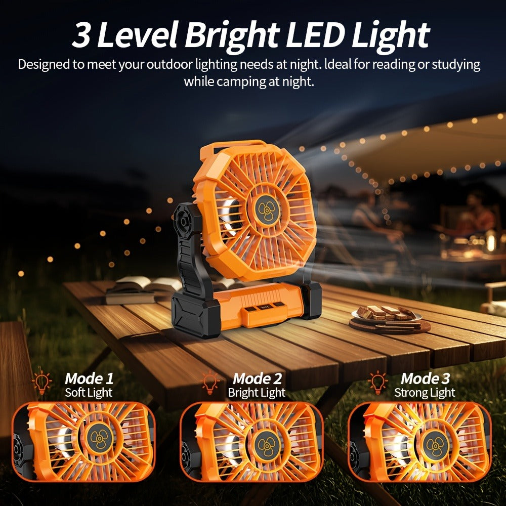 Portable Outdoor Fan 20000mAh, 3-in-1 Rechargeable Camping Fan with LED Lantern & Power Bank, Timer Rotation Hook for Tent Golf BBQ Travel Party Power Outage, Pink Green Black Orange Purple Blue