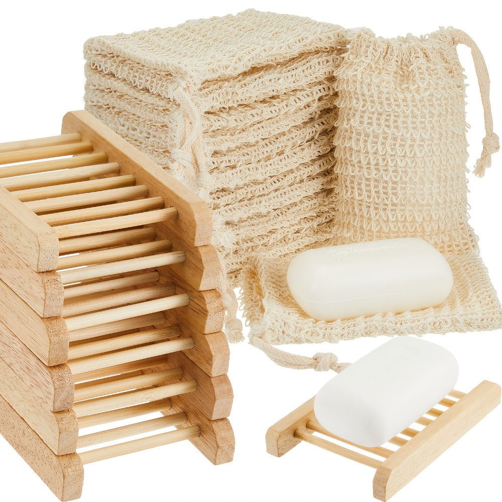Soap Exfoliating Mesh Bag with Wooden Holder Set 60 Pcs | Natural Sisal Bath Scrubber Bags & Rectangle Wood Soap Dish for Shower, Bathroom Sink, Body Scrub & Skin Cleansing Accessories