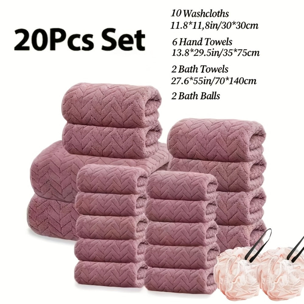 Microfiber Bath Towel Set 18/20pcs - Coral Fleece Absorbent Quick Dry Soft Large Bath Towels for Home Bathroom Spa Gift with Washcloths Bath Ball
