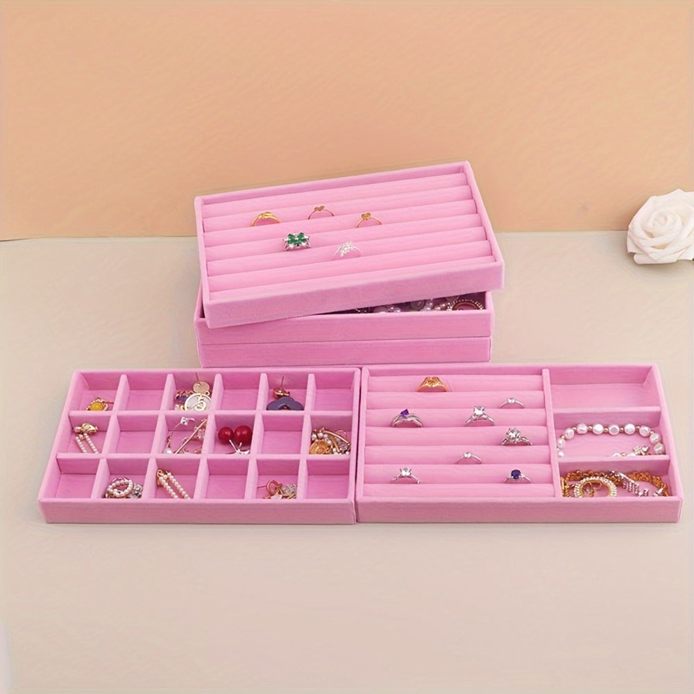 Stackable Jewelry Organizer Trays 6-Piece Set ¨C Rectangular Multi-Compartment Drawer Inserts with Removable Dividers for Earrings, Rings, Necklaces & Bracelets ¨C Tabletop Jewelry Display Case Storage