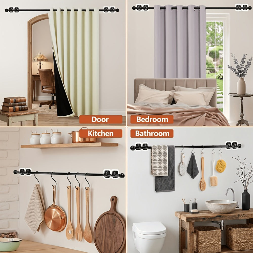No-Drill Curtain Rod Set with Adhesive Brackets Renter Friendly 5/8 Inch Adjustable Window Drapery Pole for Bedroom Living Room Apartment Dorm Black Gold White 32-128 Inch