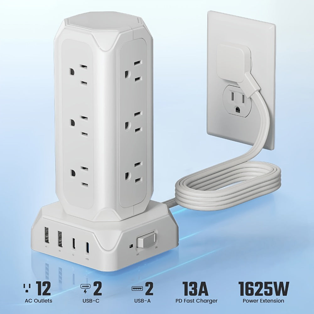 Power Strip Tower 16-in-1 Surge Protector 12 AC Outlets 4 USB Ports USB-C PD20W 1800J Protection Desktop Charging Station 10ft or 15ft Extension Cord for Office School Dorm White
