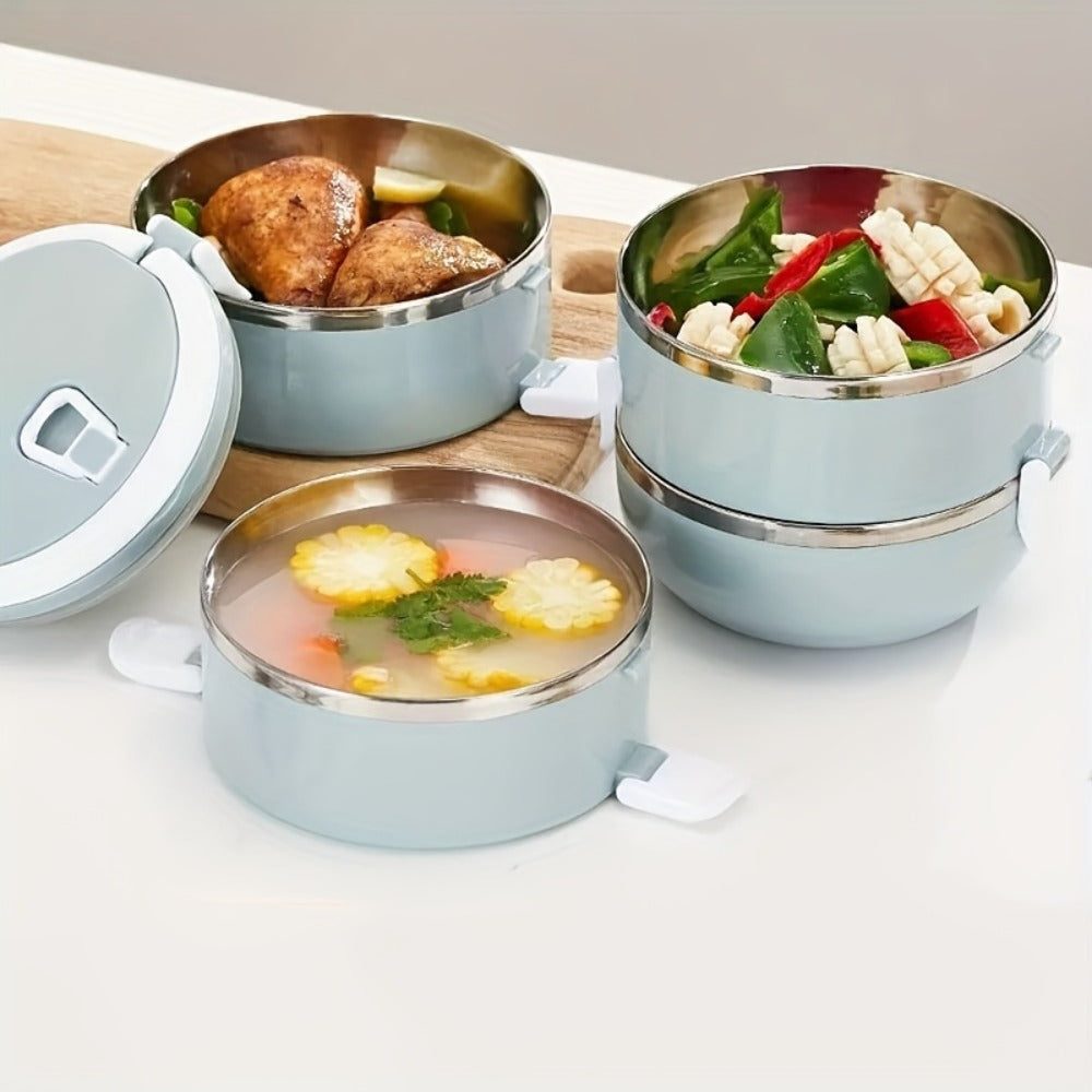 Stainless Steel Lunch Box Insulated Bento Box with Lid - Cylindrical Stackable Food Container for Office School Camping and Picnic, Dishwasher Safe Thermal Lunch Box Available in 2, 3 or 4 Layer for Adults and Kids