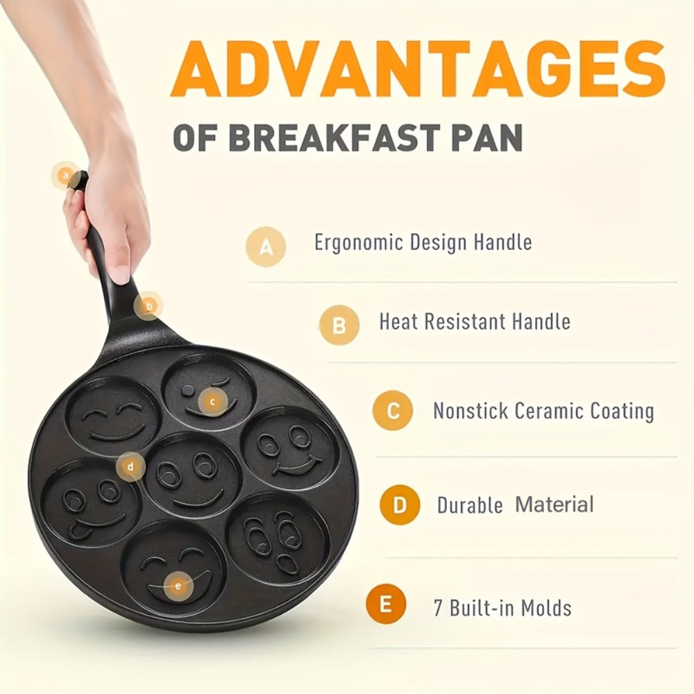 Non-Stick Pancake Pan 7-Hole Smiley Face ¨C Fun Breakfast Egg & Bacon Frying Tray for Kids & Family, Easy to Clean, Mini Pancake Maker Baking Pan Kitchen Cooking Tool