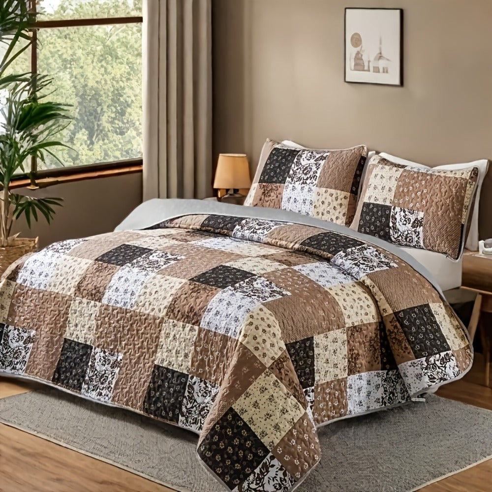 Patchwork Quilted Bedspread Set 3 Piece - 1 Quilt & 2 Pillow Shams Machine Washable All-Season Soft Breathable 100% Polyester Bedding Set for Bedroom Dorm, Twin Full Queen King