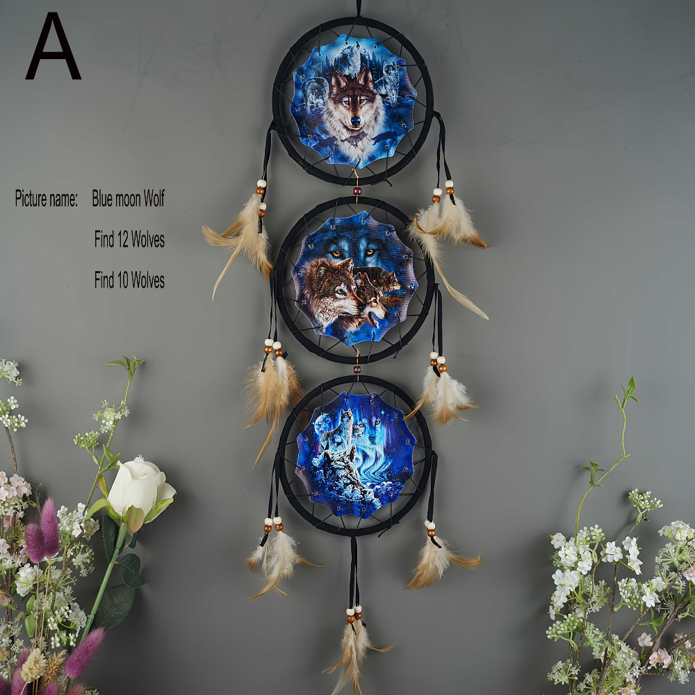 Dream Catcher Wall Decor Wolf Design Boho Bedroom Hanging Decoration ¨C 6 Inch 3-Circle Feather Dream Catcher for Boys Kids Room, Nursery, Halloween, Christmas & Holiday Gift