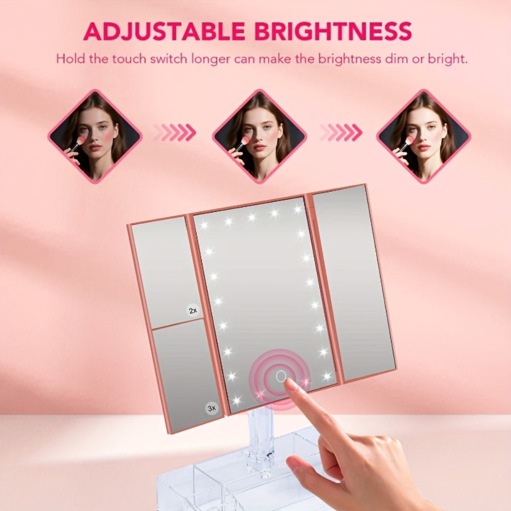 Lighted Makeup Mirror with Storage ¨C Tri-Fold Vanity Mirror 24 LED Lights, Touch Screen, 3X/2X/1X Magnification, 180¡ã Rotation, Dual Power Supply, White & Rose Gold