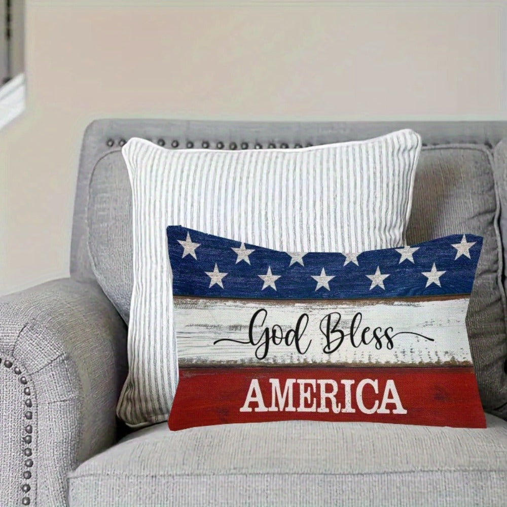 4th of July Throw Pillow Cover 12x20 Inch, God Bless America Patriotic Red White Blue Linen Cushion Case Star Pattern Distressed Wood, Boho Home Decor for Independence Day Memorial Day