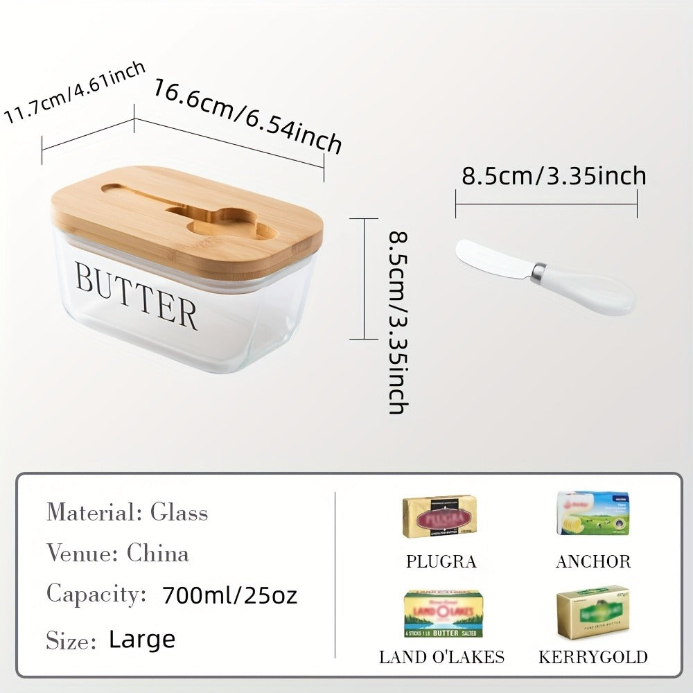 Glass Butter Dish with Airtight Lid, 700ml/25oz - Countertop & Fridge Butter Keeper, Covered Butter Tray with Lid for Counter or Refrigerator Door Shelf