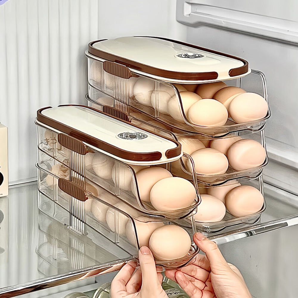 Egg Organizer for Refrigerator, Multi-Layer Auto-Rolling Egg Rack with Large Capacity ¨C Space-Saving Egg Storage Dispenser for Fridge, Cabinet & Countertop, Ideal for Busy Families
