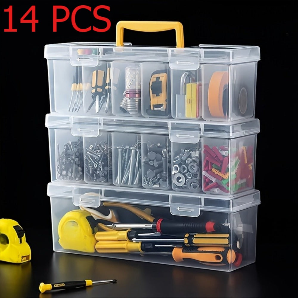 14-Piece Transparent Parts Organizer Box Set with Dividers, 2 Large + 12 Small Portable Storage Cases, Multi-Compartment Hardware Organizer for Screws, Nuts, Bolts, Beads & Small Parts