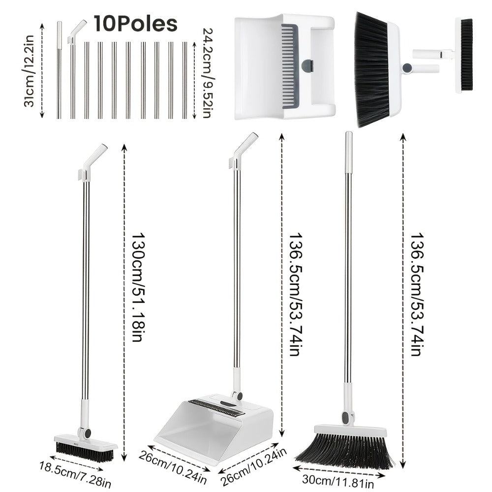Broom and Dustpan Set with Long Handle - 2-in-1 3-in-1 4-in-1 Foldable Broom Dustpan Combo with Floor Brush for Home Office Dorm Room, Quick Dust Removal Household Cleaning Tool Set, White Pink Blue Orange Purple Grey