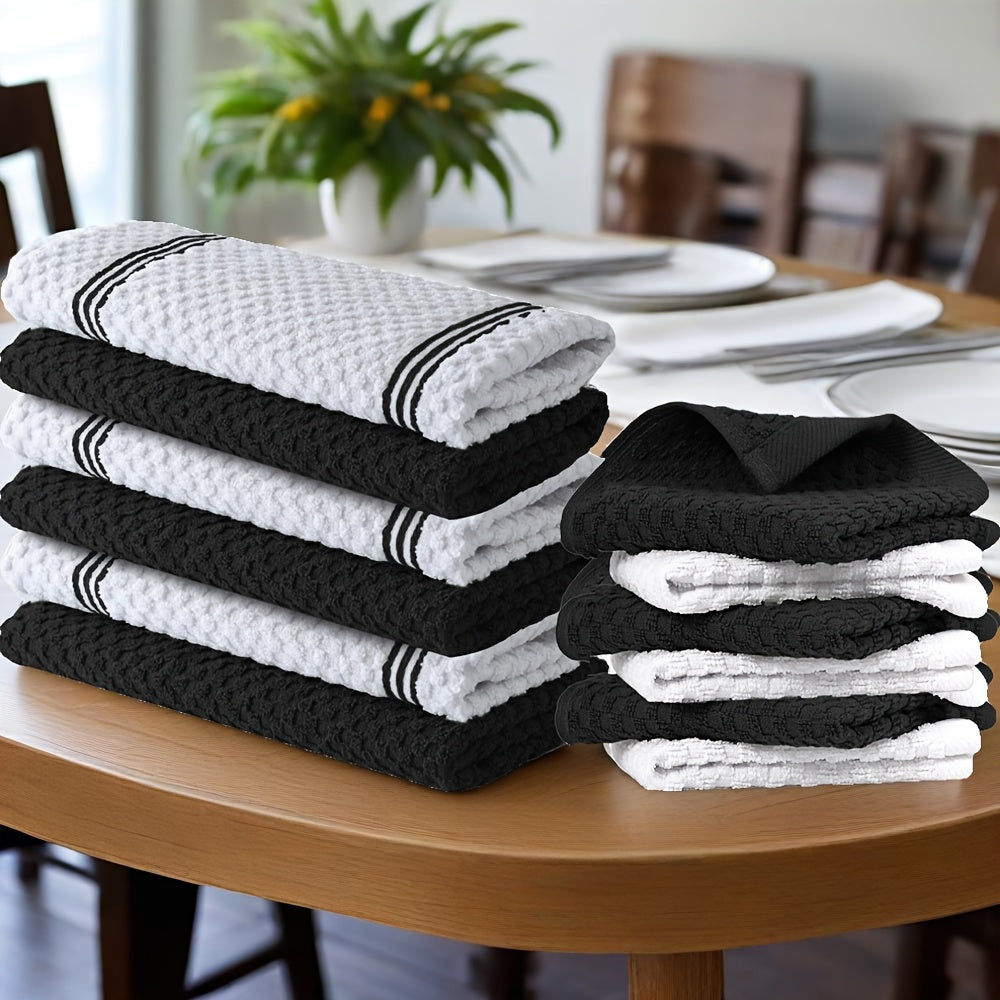 Cotton Kitchen Dish Towel Set 12pcs | 6 Hand Towels 15¡±x25¡± & 6 Wash Towels 12¡±x12¡± | Striped Weave Absorbent Durable Towels for Cooking Cleaning Drying
