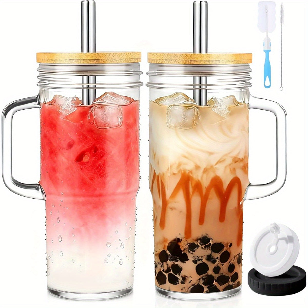 Glass Tumbler with Bamboo Lid and Straw 24oz - Leak-Proof Mason Cup with Silicone Seal, Reusable Straw & Cleaning Brush, Travel Drinkware Set for Outdoor & Daily Use