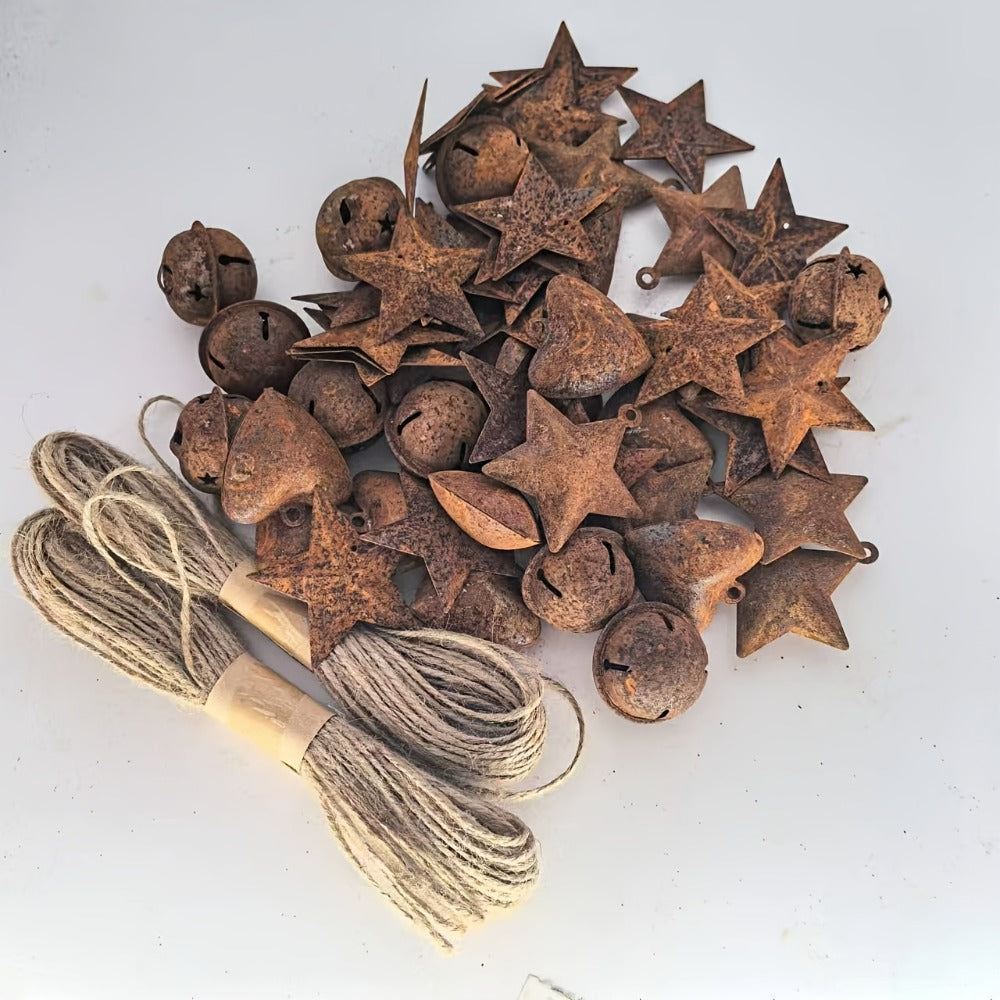 Christmas Bells Decorations 62pcs Set ¨C Rustic Iron Jingle Bells with Heart, Star & Round Shapes, Vintage Craft Bells with 2 Rolls of Rope for Christmas Tree, Party & Home Decor DIY Ornaments