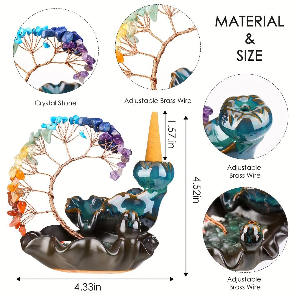 Backflow Incense Burner Crystal Money Tree Waterfall Smoke Incense Holder Ceramic Cone Stick Burner for Yoga Meditation Home Decor Altar Decoration