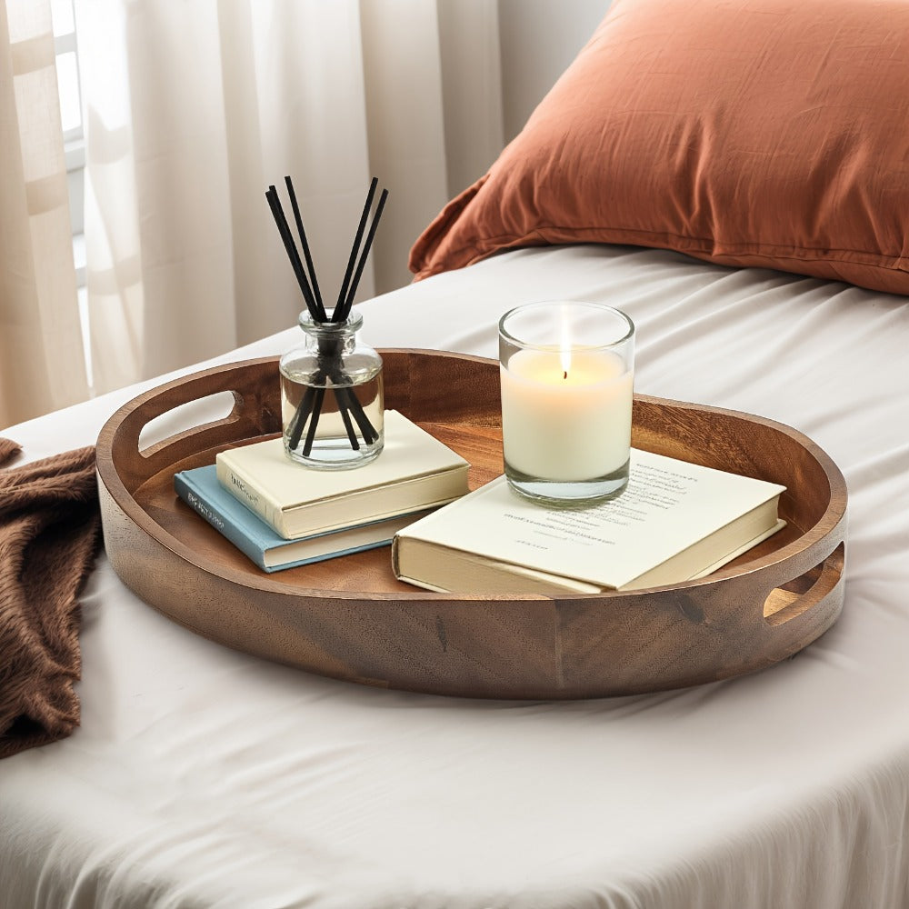 Acacia Wood Serving Tray with Handles 16.5x13 Inch Large Decorative Ottoman Tray for Coffee Table Living Room Breakfast in Bed Candle Display Food Safe Kitchen Organizer