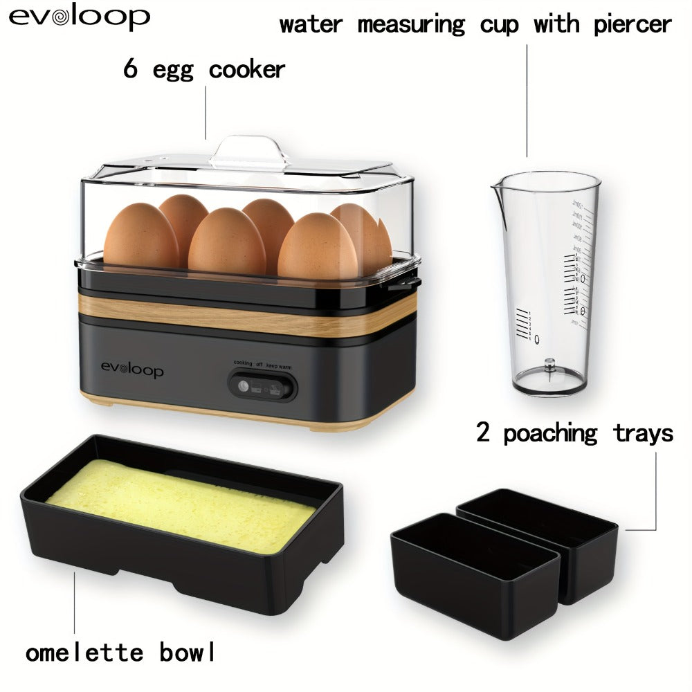 Electric Egg Cooker 6 Egg Capacity Rapid BPA Free Stainless Steel 400W for Hard Boiled Poached Scrambled Eggs Omelets Auto Shut Off Kitchen Appliance Green Wood Silver