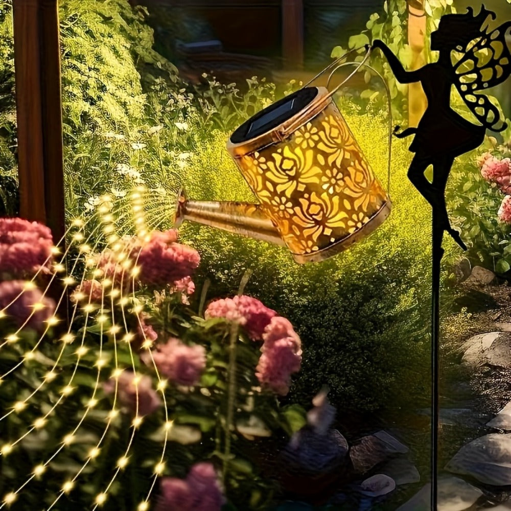 Solar Watering Can Lights 2pcs Garden Waterfall, IP65 Waterproof Hanging Solar String Lights with Ground Plug for Outdoor Lawn, Patio & Holiday Decor, Christmas Garden Gift
