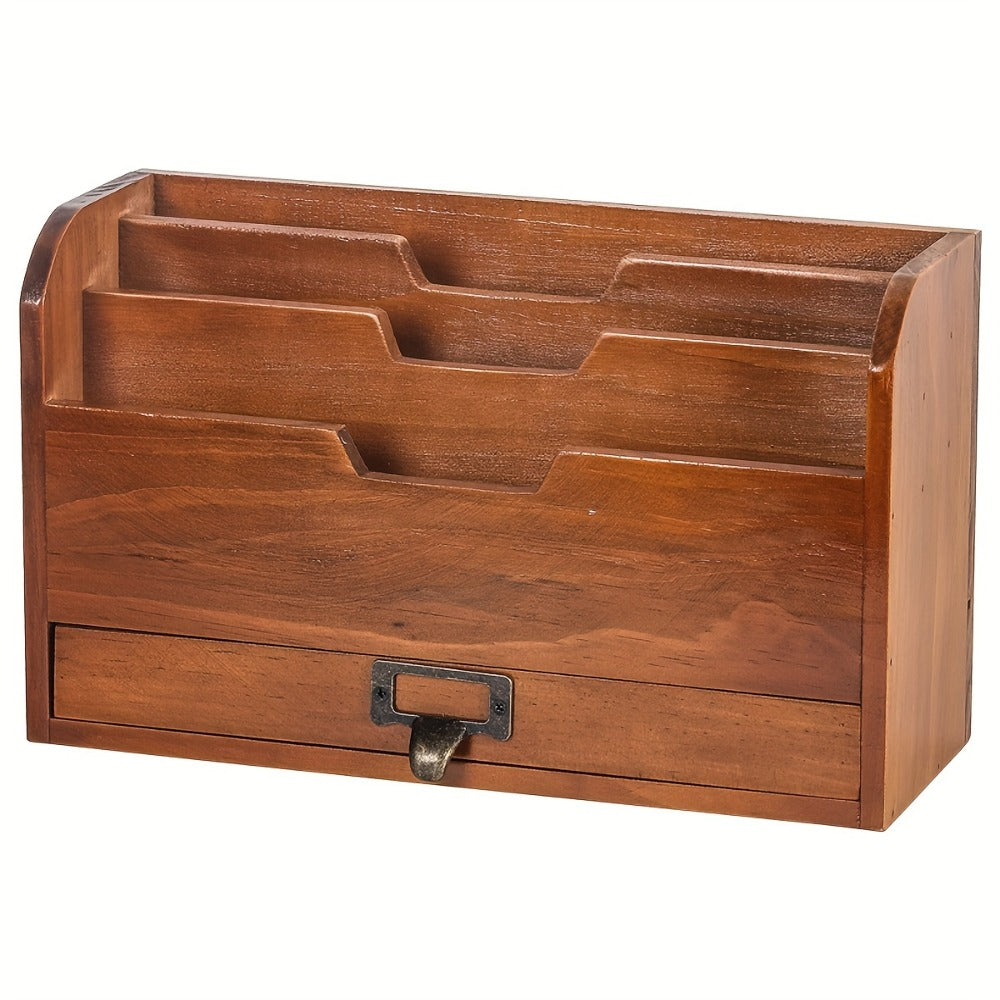 Wooden Desktop File Organizer with Drawer ¨C Multi-Compartment Document Storage Rack for Office, Home & Study ¨C Desk File Folder Holder with Sundries Organizer Shelf for Papers, Books & Supplies
