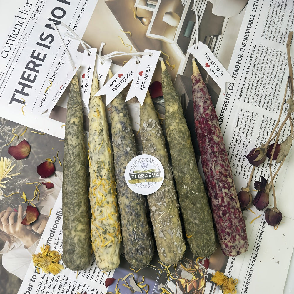 Handmade Herbal Scented Candles Set of 6 ¨C Dried Flower Pillar Candles, Sage Lavender Cedar Mint Rose Scents, 12Hr Burn, Aromatherapy Yoga Meditation Sleep Aid, Wedding Home Decor Holiday Gift