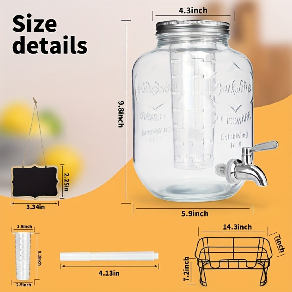 Glass Beverage Dispenser Set with Stand, 1-Gallon Square Glass Drink Dispenser with Stainless Steel Spigot & Ice Tube, Leak-Proof Lemonade Dispenser for Kitchen, Parties, Camping, 2pcs
