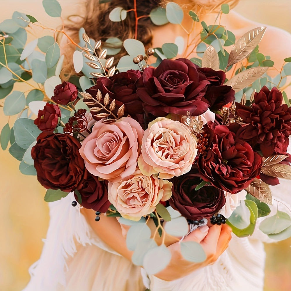 Artificial Rose Bouquet Wine Red, 12pcs Fake Plastic Roses for Wedding Centerpiece, Halloween Day of the Dead Altar Decor, Fall Winter Tabletop Flower Arrangement, No Battery Required
