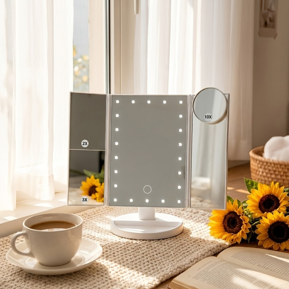 LED Tri-Fold Makeup Mirror with Touch Screen ¨C 1X/2X/3X/10X Magnifying Vanity Mirror, Flexible Adjustable Base, Lighted Travel Mirror for Makeup Desk, Bedroom & Bathroom | Gift for Women