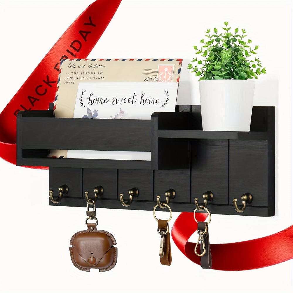 Wall Mounted Storage Rack with Mail Slot ¨C Rustic Wood Floating Shelf with Hooks for Keys, Hats & Envelopes, Decorative Organizer for Entryway, Porch, Bedroom, Bathroom & Living Room