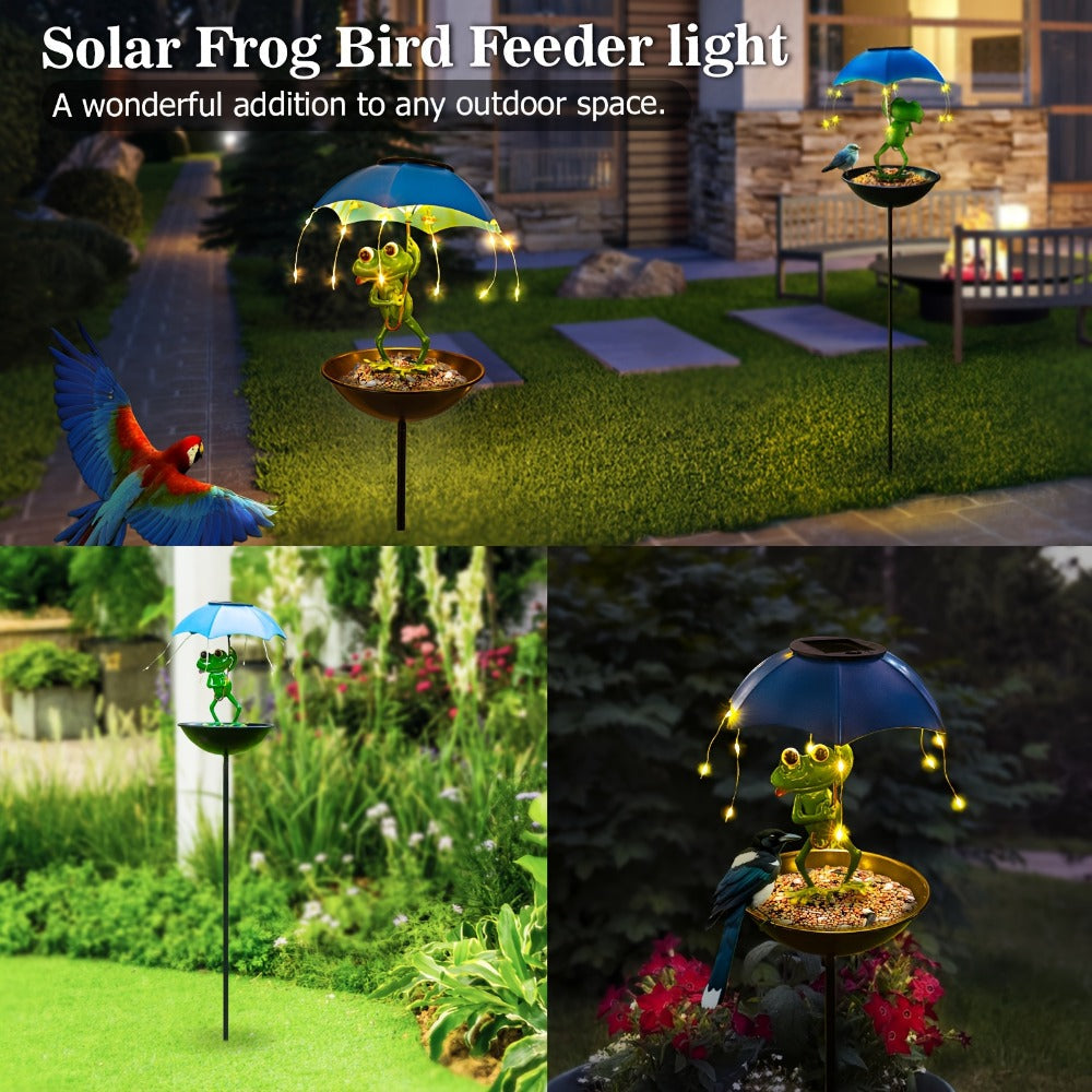Solar Garden Decor Frog with Umbrella LED Light ¨C Iron Frog Outdoor Statue with Solar Powered LED | Bird Feeder Garden Ornament for Patio, Lawn, Pathway & Deck | Unique Valentine Gift Yard Decoration