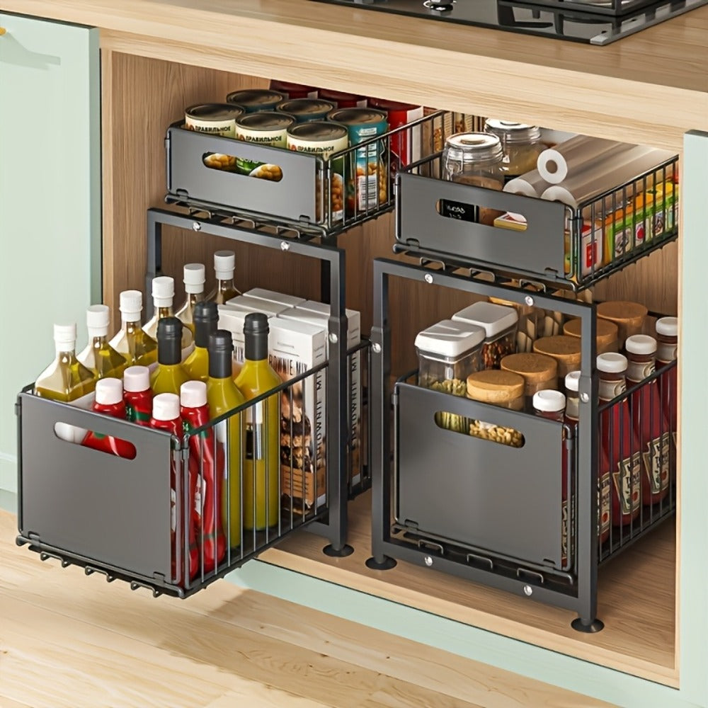 Under Sink Organizer 2-Tier Pull Out - Adjustable Height Carbon Steel Cabinet Storage Shelf for Kitchen and Bathroom, Space Saving Sliding Drawer Rack for Cleaning Supplies Pots and Toiletries, Heavy Duty Under Cabinet Organizer Available in 1 or 2 Pack