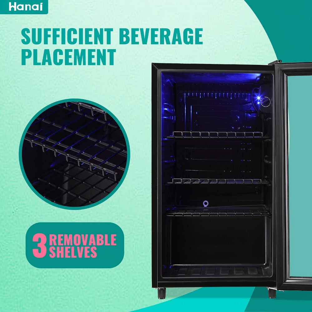 Beverage Refrigerator with Glass Door, Mini Drink Cooler Fridge with Blue LED Light, 3 Adjustable Shelves & R600a Compressor ¨C 1.7 or 3.5 Cu Ft Freestanding Bar Fridge for Home, Office, Dorm and Bar