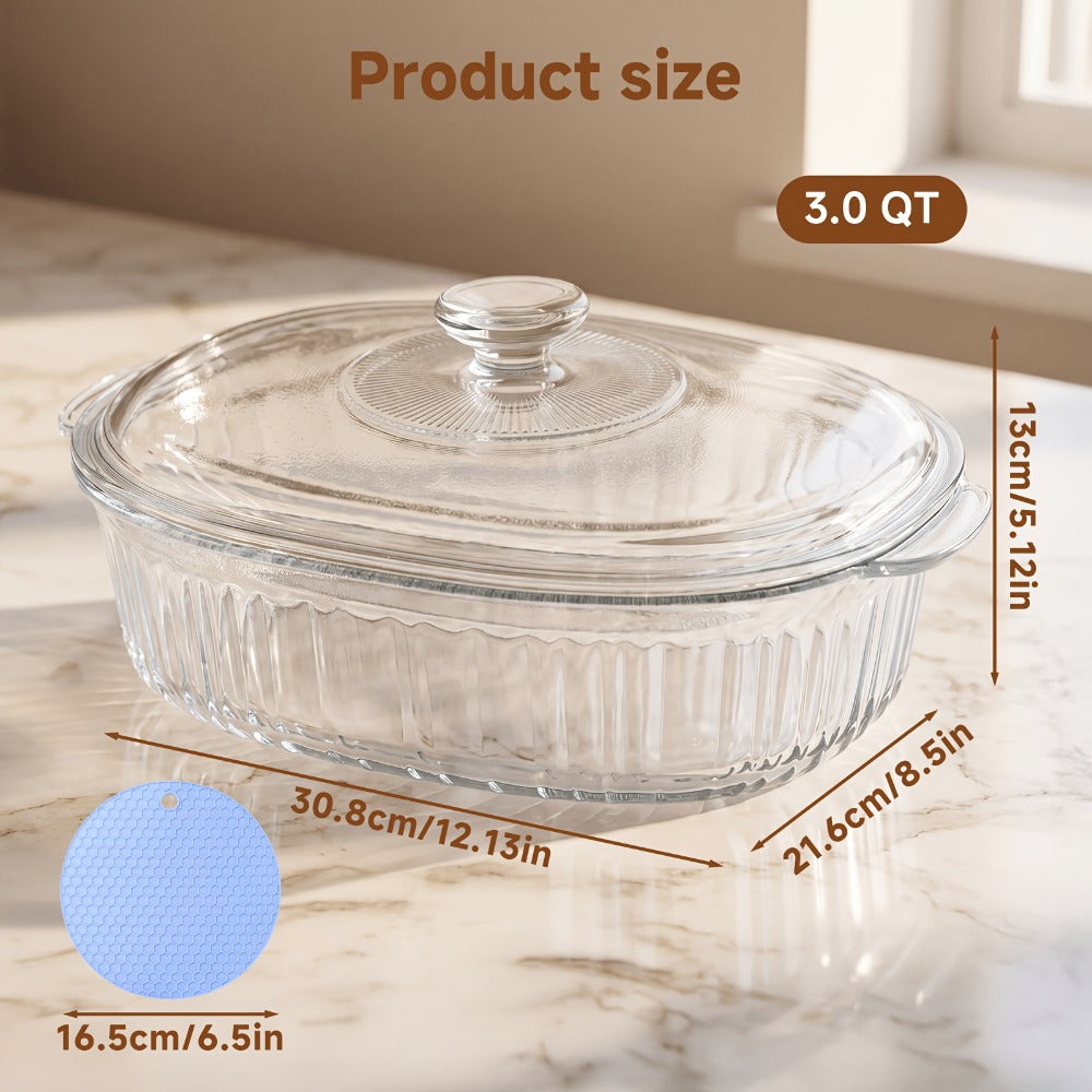 Borosilicate Glass Baking Dish with Lid 96oz ¨C Oval Casserole Pan Microwave Oven Fridge Safe | Multi-Use for Baking, Meal Prep, Grilled Fish, Salad & Food Serving | Kitchen Bakeware with Cover
